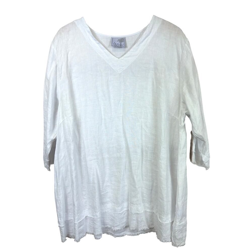 La Fixsun NWT White Linen V Neck Frayed Hem Tunic Top Size L